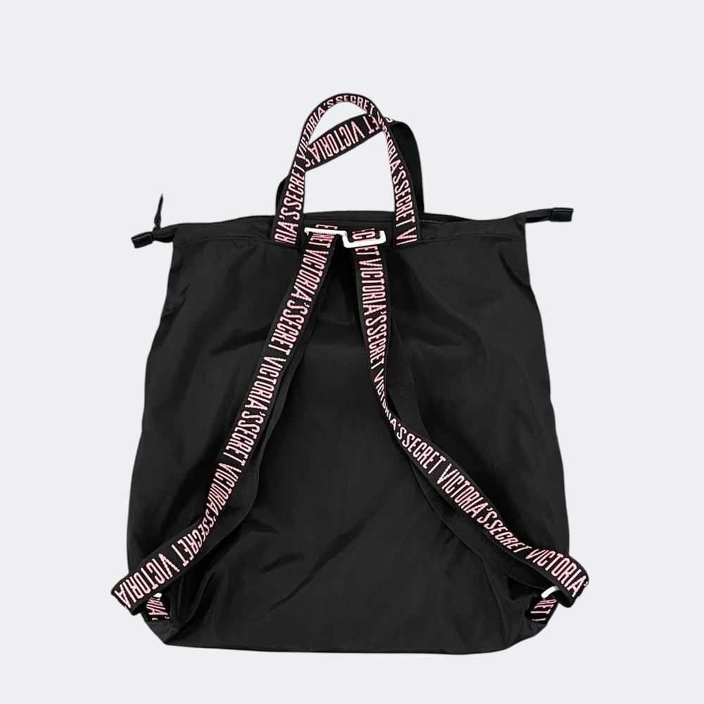 Victoria's Secret Black Pink Stripe Nylon Backpack Travel Pool Summer Beach Bag - Picture 4 of 10